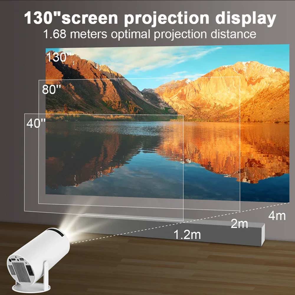 A photo showing a premium projector and the different projection sizes it can do