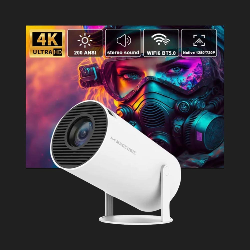 A photo of a white premium projector that has a background of the projection